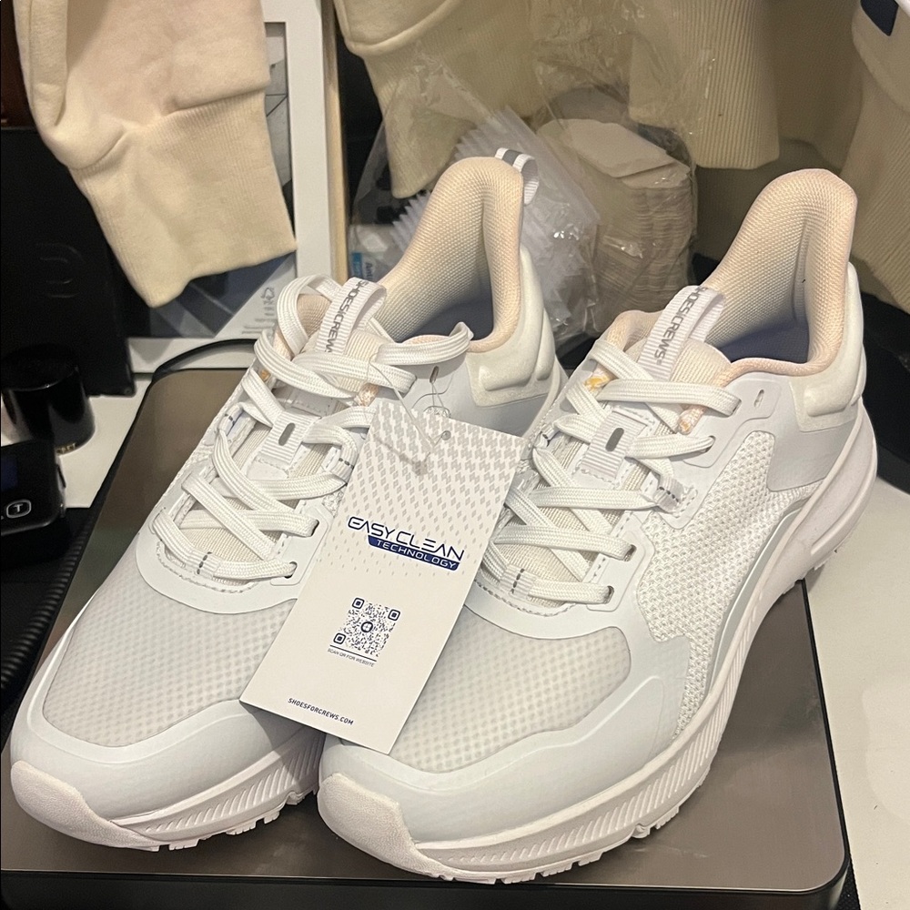 Shoes For Crews White Sneakers with Beige Collar and Blue Insole